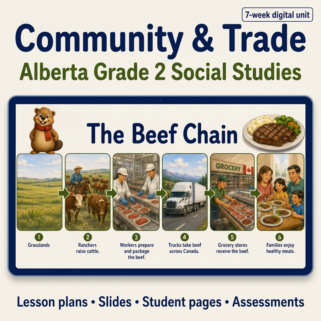 Alberta Grade 2 Community & Trade seven-week digital unit featuring The Beef Chain lesson preview.